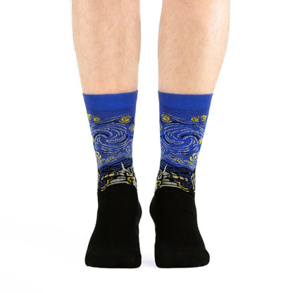 Starry Night crew socks worn from the front against a white studio background