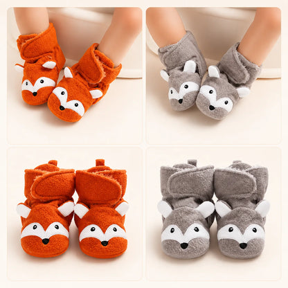 Orange and grey baby fox bootie socks shown from the front in a four-image collage