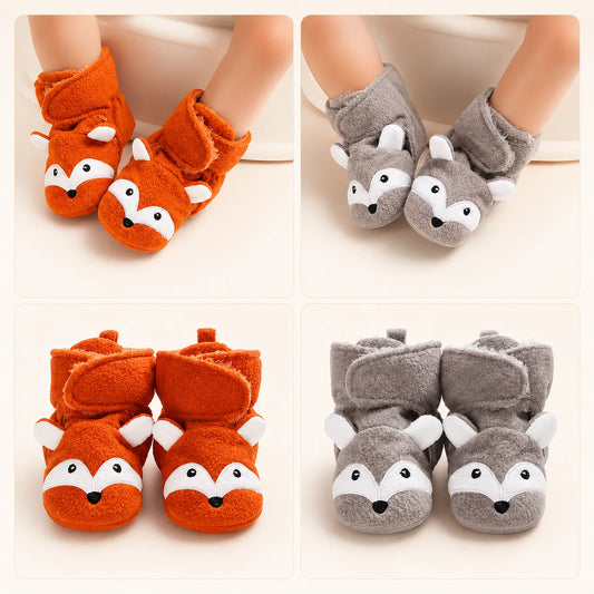 Orange and grey baby fox bootie socks shown from the front in a four-image collage