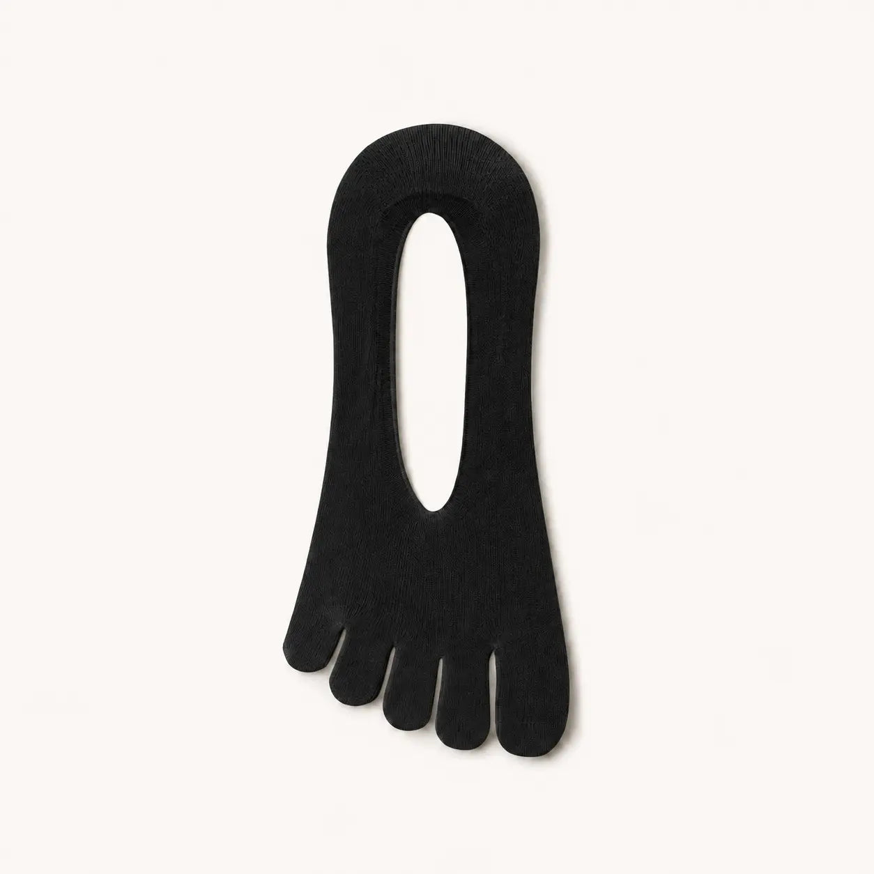 Single black BareToe five-toe invisible sock laid flat on a light background