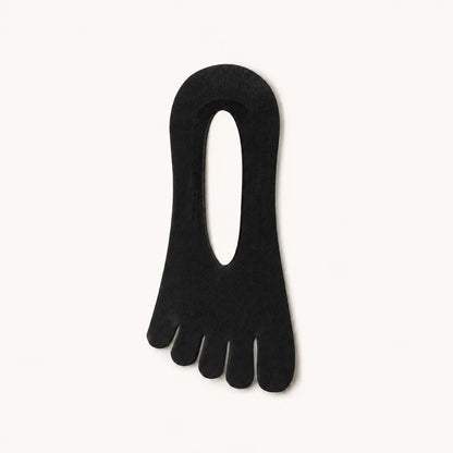 Single black BareToe five-toe invisible sock laid flat on a light background