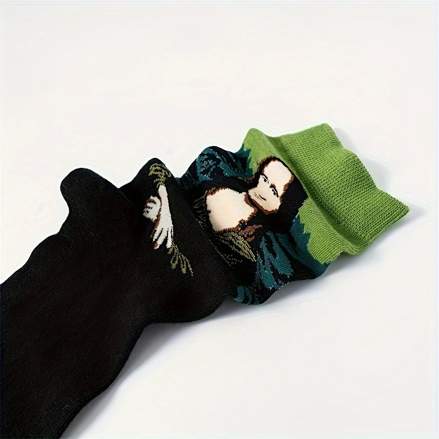 Single black Mona Lisa crew sock loosely arranged to show the full knitted artwork