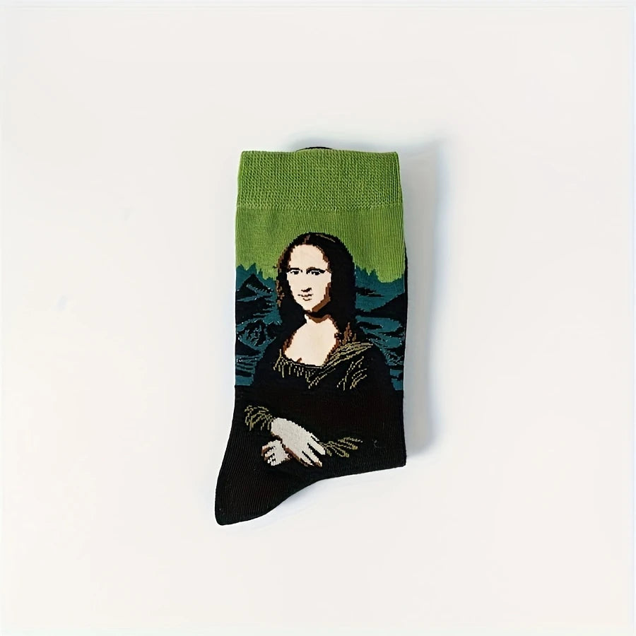 Single folded Mona Lisa art sock with a green cuff on a white background