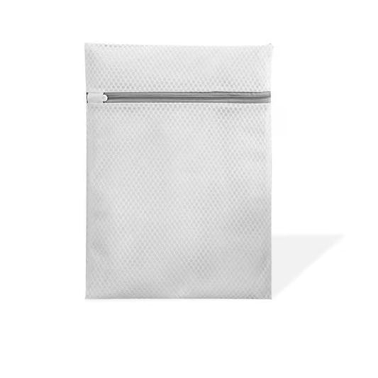 White honeycomb mesh sock washing bag with a grey zip on a white background