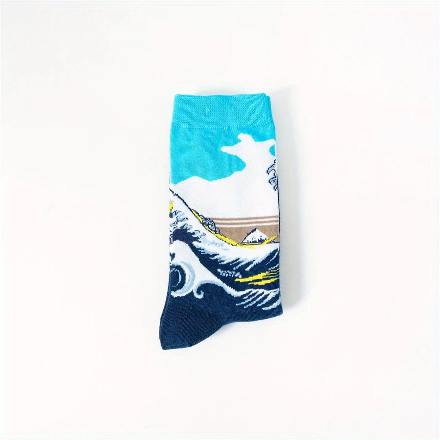 Single folded Great Wave of Kanagawa crew sock showing the wave, sky and navy foot design