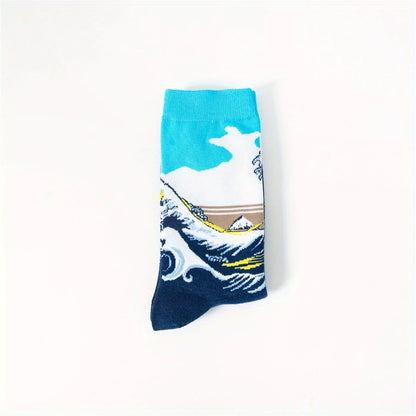 Single folded Great Wave of Kanagawa crew sock showing the wave, sky and navy foot design