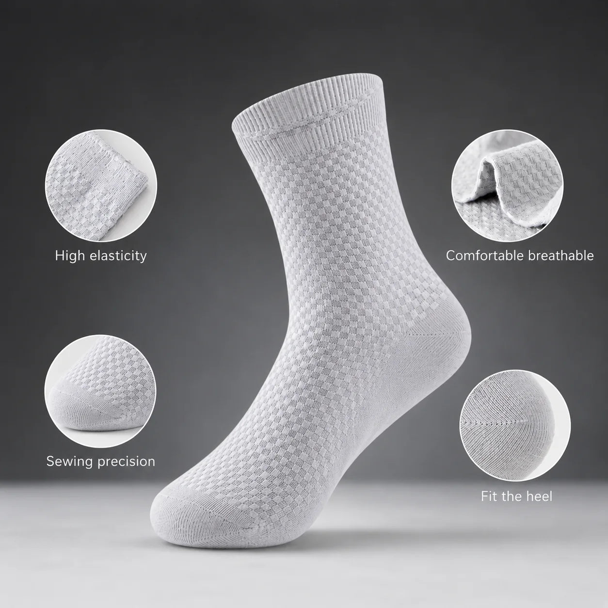 Men’s bamboo crew sock showing elastic, breathable fabric, reinforced toe and shaped heel features