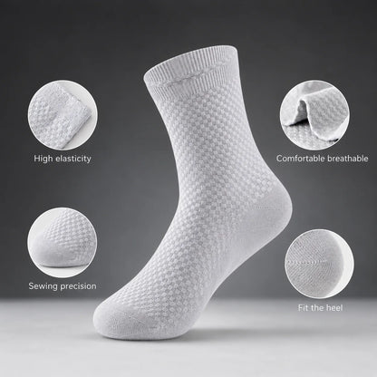 Men’s bamboo crew sock showing elastic, breathable fabric, reinforced toe and shaped heel features