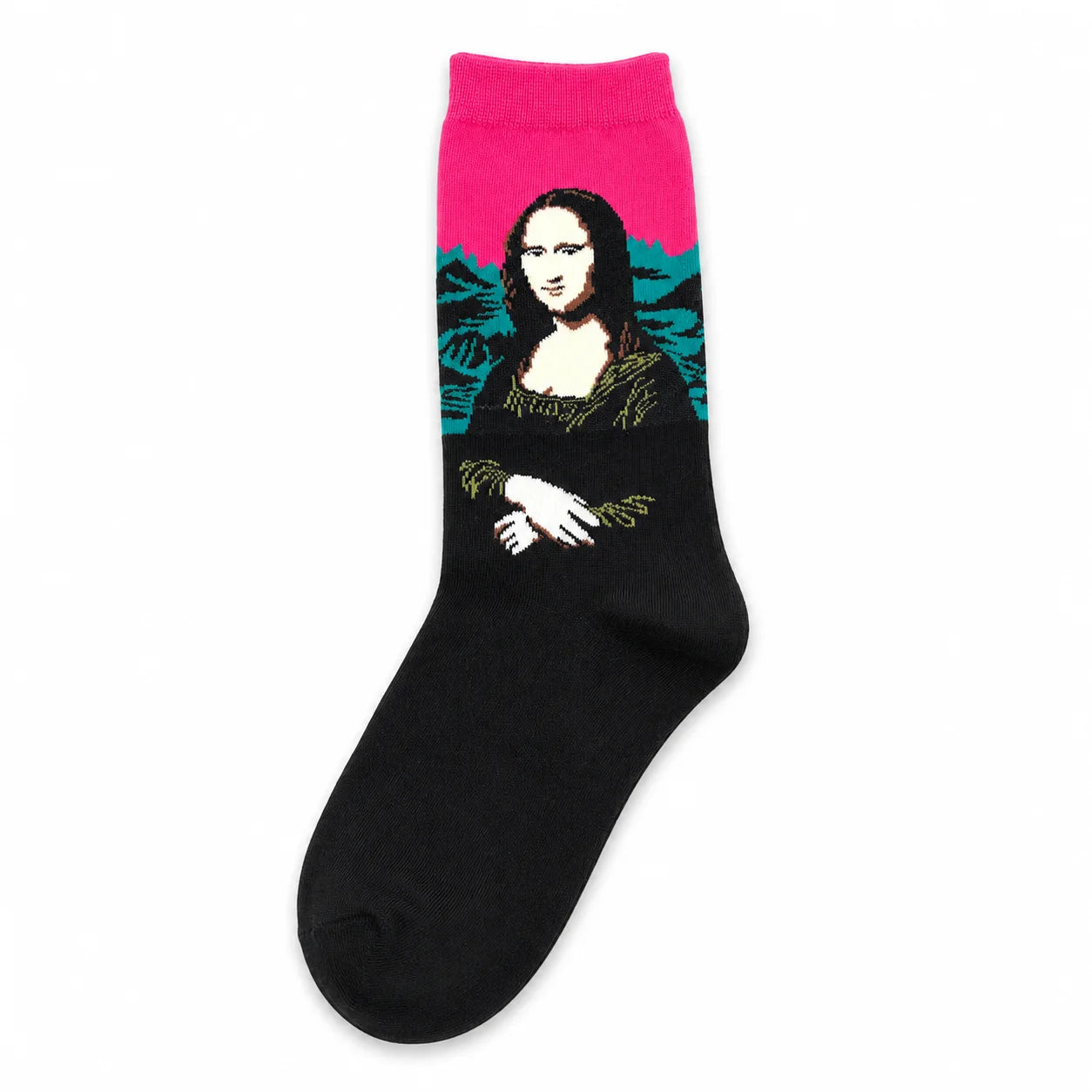 Single black Mona Lisa crew sock with a pink cuff and teal artwork background