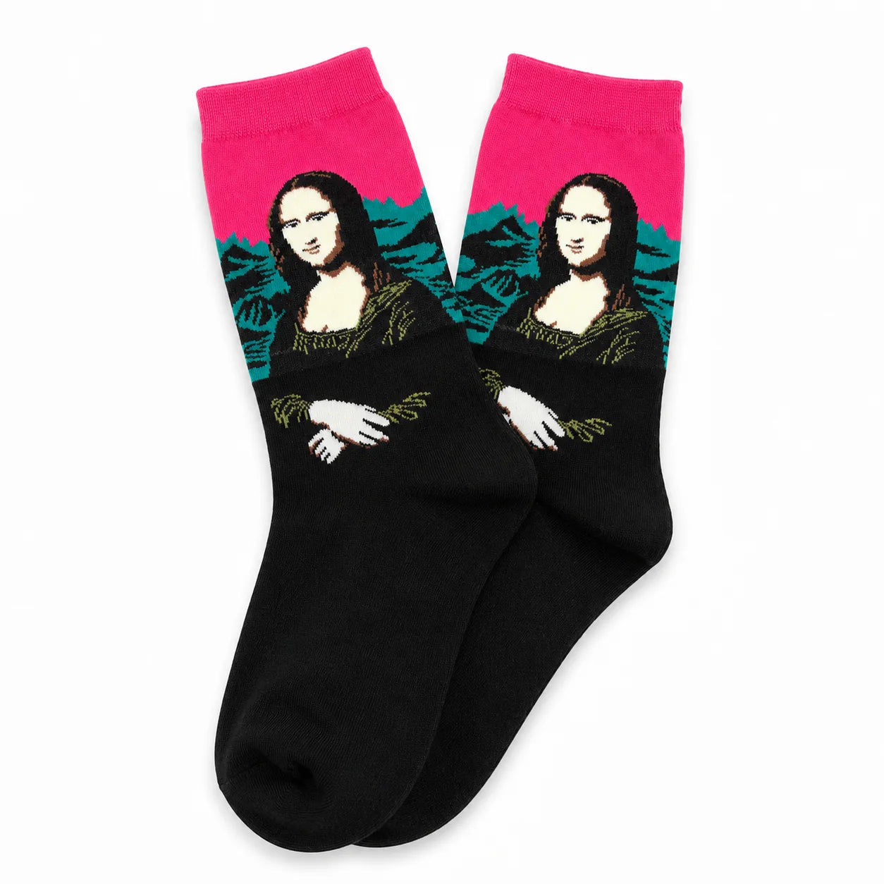 Pair of black Mona Lisa art socks crossed to display the pink cuffs and knitted portraits
