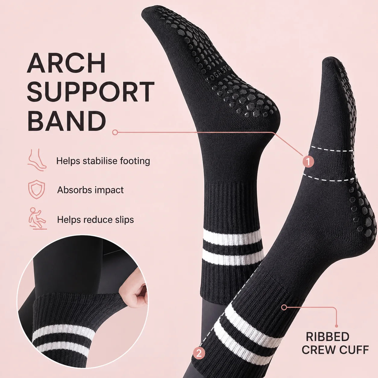 Black Studio Crew Grip Socks highlighting the arch support band and ribbed crew cuff