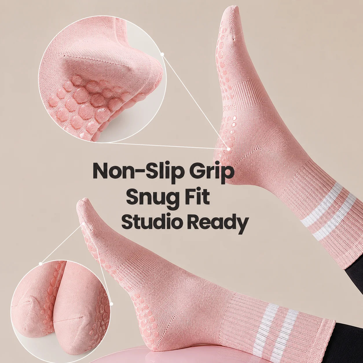 Pink Studio Crew Grip Socks highlighting the non-slip grip, snug fit and studio-ready design
