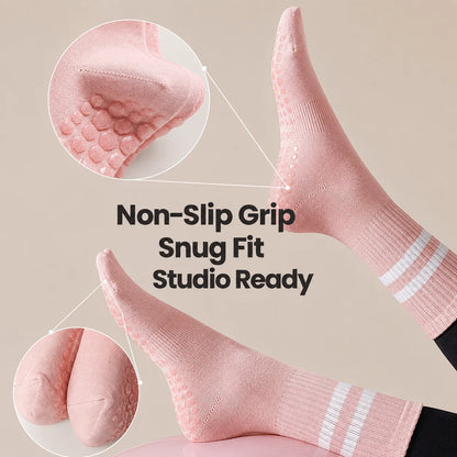 Pink Studio Crew Grip Socks highlighting the non-slip grip, snug fit and studio-ready design
