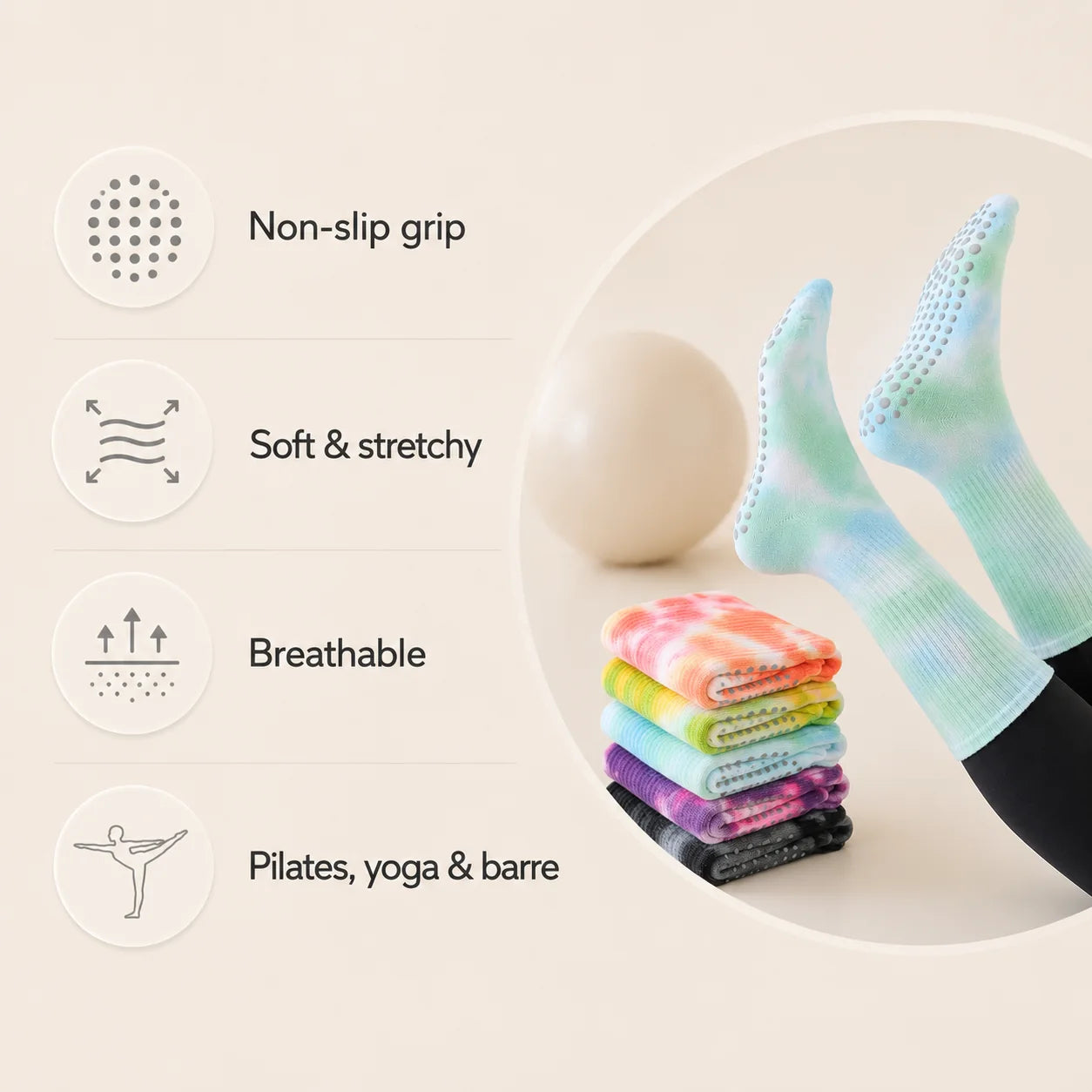 Tie-dye grip socks shown on a person's feet with a stack of folded multicolor socks and feature icons on a beige background. Text highlights non-slip grip, soft stretchy texture, breathable design, and suitability for Pilates, yoga, and barre.