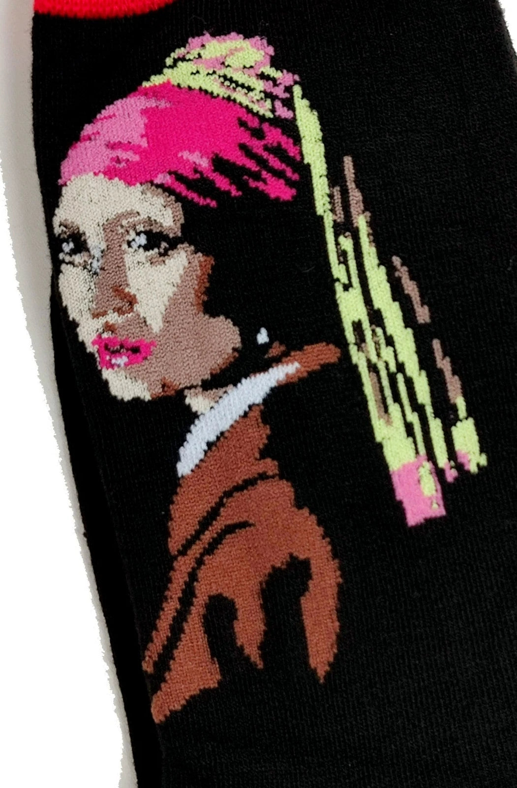 Close-up of the knitted Girl with a Pearl Earring portrait on a black crew sock