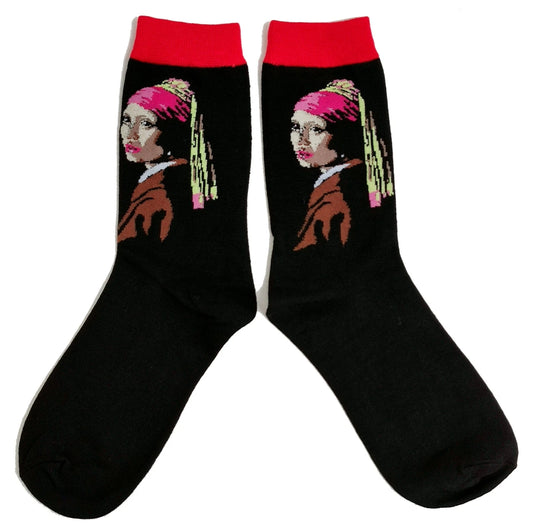 Pair of black Girl with a Pearl Earring crew socks with bright red cuffs