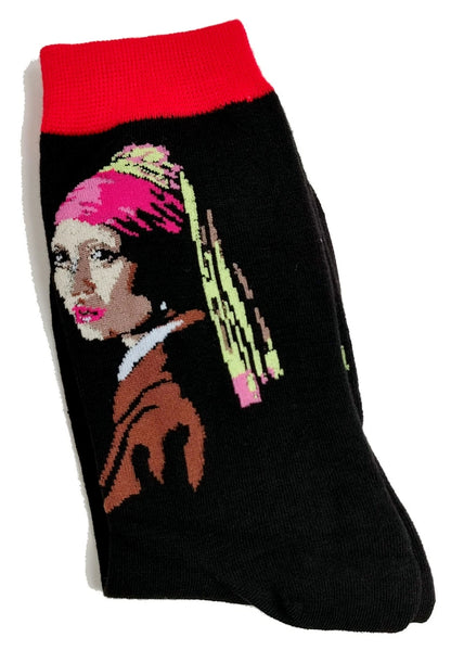 Single black art sock featuring a knitted portrait inspired by Girl with a Pearl Earring