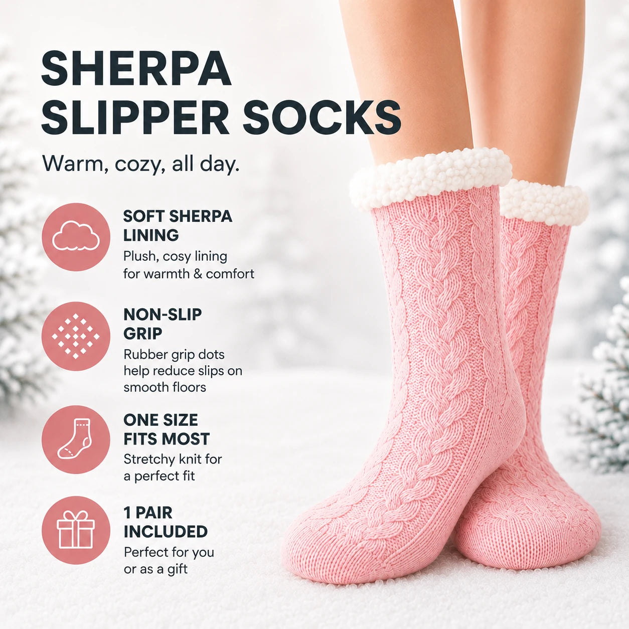 Pink cable-knit sherpa slipper socks with white fuzzy trim, shown on a person's feet against a soft white background with feature callouts and text.