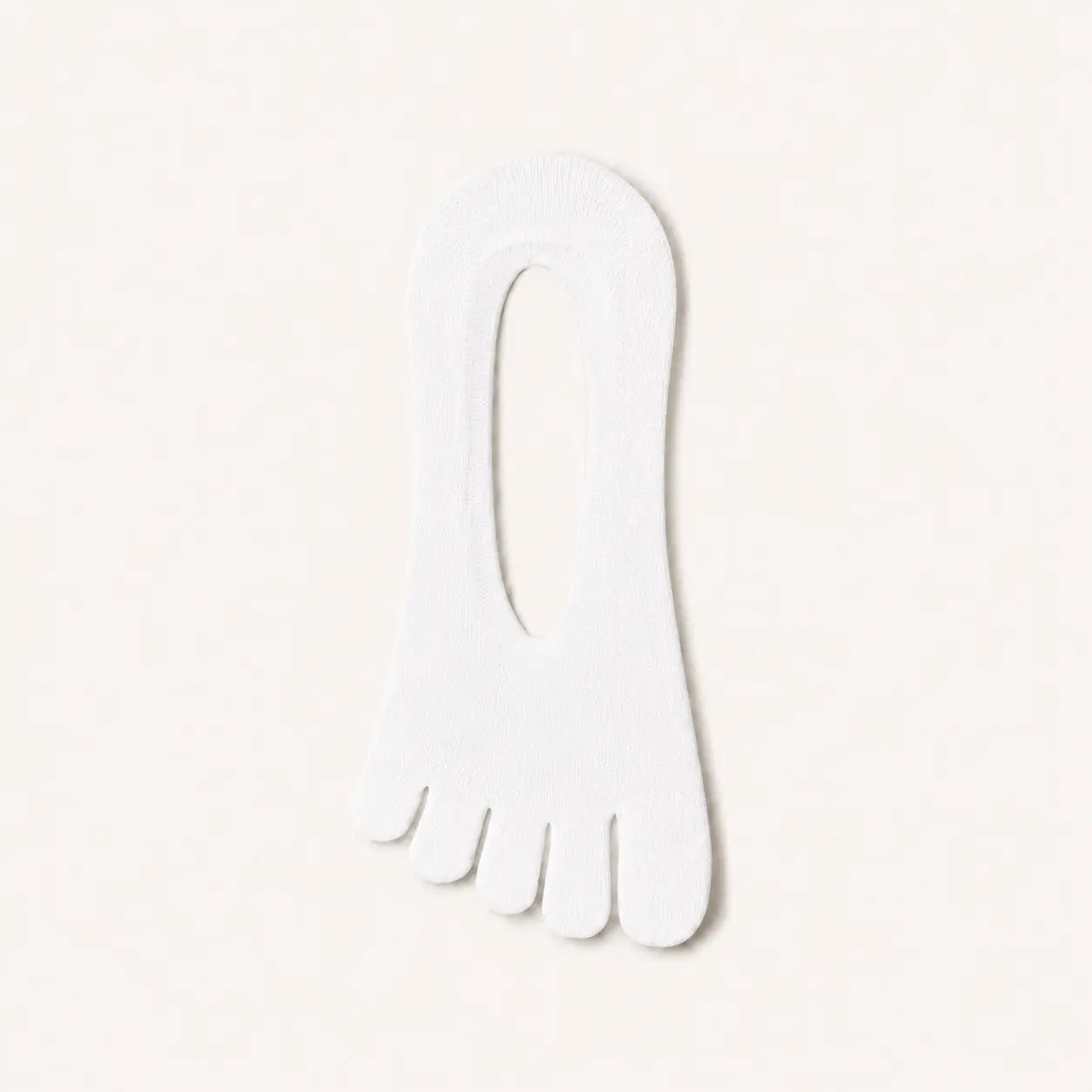 Single white BareToe five-toe invisible sock laid flat on a light background