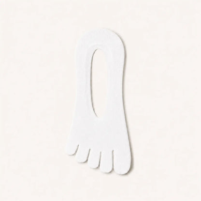 Single white BareToe five-toe invisible sock laid flat on a light background
